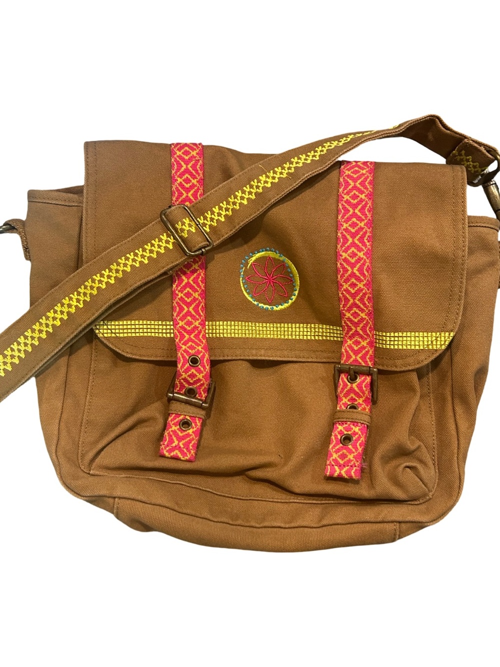 American Girl Brown Canvas Crossbody with Pink Patterned Straps and Yellow Trim